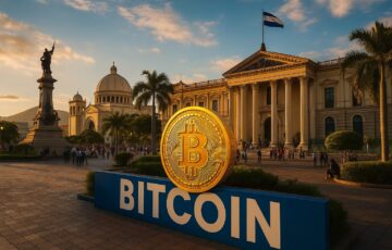 エルサルバドルの都市風景とビットコインを象徴する抽象的なイラスト