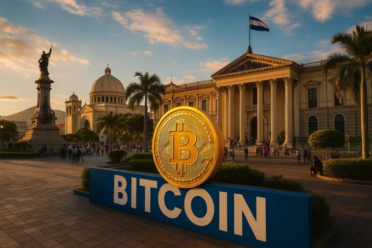エルサルバドルの都市風景とビットコインを象徴する抽象的なイラスト