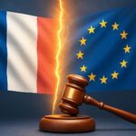 フランス国旗とEU旗の間に裂け目が走り、手前に木槌が置かれたイメージ。フランスとEUの規制対立を象徴する構図。