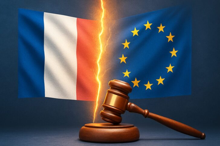 フランス国旗とEU旗の間に裂け目が走り、手前に木槌が置かれたイメージ。フランスとEUの規制対立を象徴する構図。