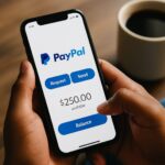 スマートフォンでPayPalを利用するシーン。新しいP2P決済サービスと仮想通貨統合を象徴するイメージ。