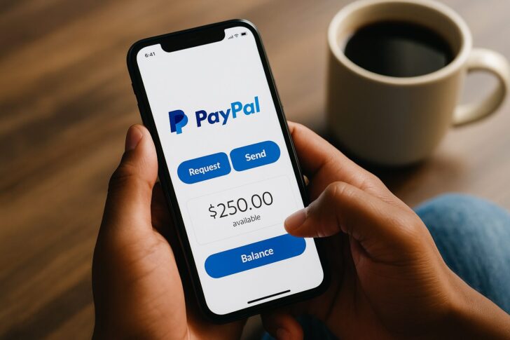 スマートフォンでPayPalを利用するシーン。新しいP2P決済サービスと仮想通貨統合を象徴するイメージ。