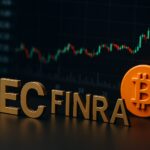 SECとFINRAが仮想通貨発表前の異常取引を調査する様子を象徴するイメージ。ビットコインシンボルと金融チャートを背景に市場の動きを表現。