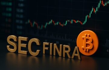 SECとFINRAが仮想通貨発表前の異常取引を調査する様子を象徴するイメージ。ビットコインシンボルと金融チャートを背景に市場の動きを表現。