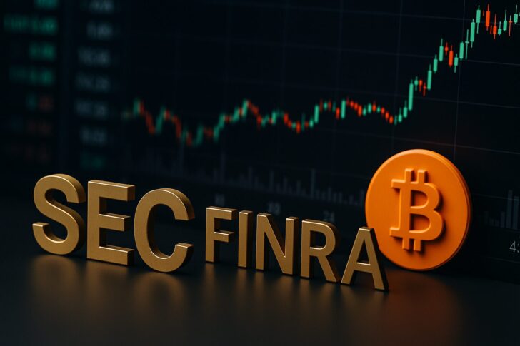 SECとFINRAが仮想通貨発表前の異常取引を調査する様子を象徴するイメージ。ビットコインシンボルと金融チャートを背景に市場の動きを表現。