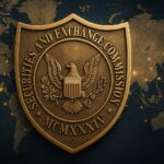 SECが設立した国境を越えたタスクフォースを象徴するデジタルイラスト。地球儀と司法の天秤が強調されている。