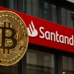 サンタンデール傘下のオープンバンクがドイツで開始した仮想通貨取引サービスを象徴するビットコインと銀行外観