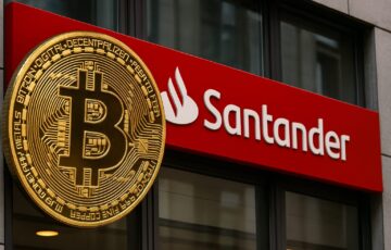 サンタンデール傘下のオープンバンクがドイツで開始した仮想通貨取引サービスを象徴するビットコインと銀行外観