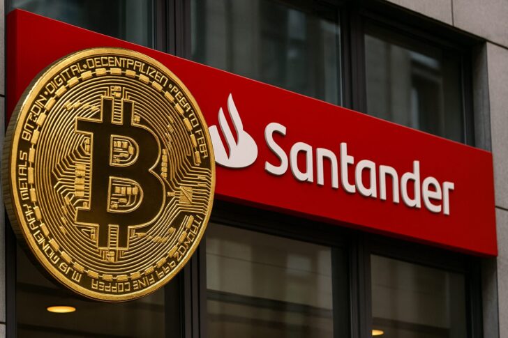 サンタンデール傘下のオープンバンクがドイツで開始した仮想通貨取引サービスを象徴するビットコインと銀行外観
