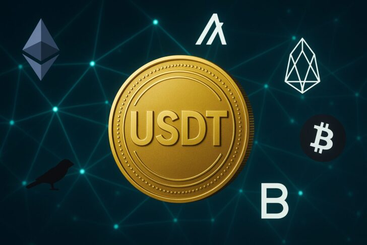 テザーが5つのブロックチェーンでUSDT凍結計画を撤回し、送金を継続可能としたことを象徴する抽象的なブロックチェーンイメージ