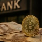 ビットコインの物理コインと銀行口座を象徴するイメージ。タイの銀行口座凍結と仮想通貨需要増加を表現。