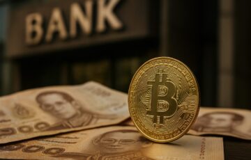 ビットコインの物理コインと銀行口座を象徴するイメージ。タイの銀行口座凍結と仮想通貨需要増加を表現。