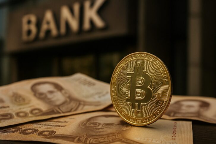 ビットコインの物理コインと銀行口座を象徴するイメージ。タイの銀行口座凍結と仮想通貨需要増加を表現。