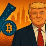 トランプ大統領のガザ再建計画を象徴するイラスト。仮想通貨と未来都市の要素を組み合わせたデザイン。