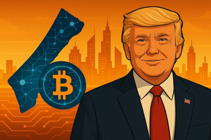 トランプ大統領のガザ再建計画を象徴するイラスト。仮想通貨と未来都市の要素を組み合わせたデザイン。