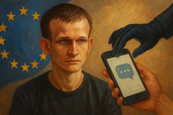 イーサリアム共同創設者ヴィタリック・ブテリン氏がEUのチャット監視法案に懸念を示すイラスト