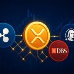 XRP Ledgerを中心にリップル、DBS銀行、フランクリン・テンプルトンの提携を象徴的に表現したデジタルイラスト