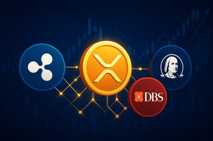 XRP Ledgerを中心にリップル、DBS銀行、フランクリン・テンプルトンの提携を象徴的に表現したデジタルイラスト