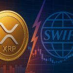 リップル（XRP）とSWIFTの対立を象徴するイラスト。XRPコインとSWIFTロゴが雷で分断されている。