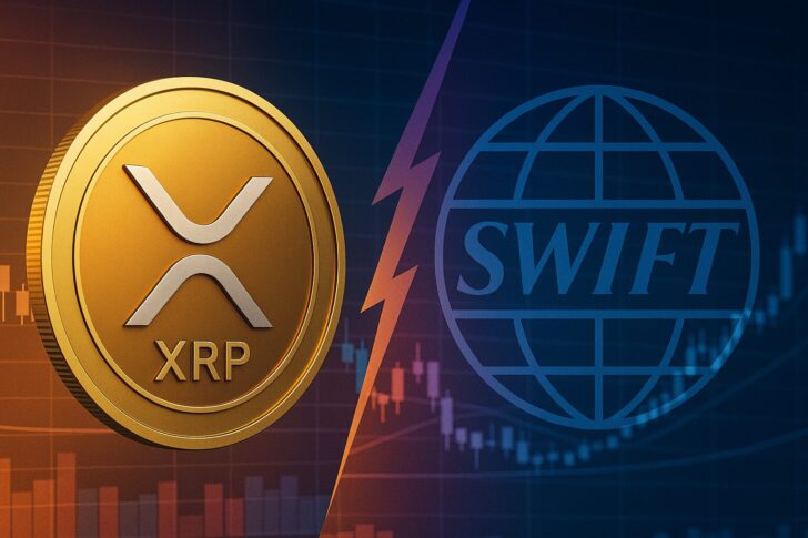 リップル（XRP）とSWIFTの対立を象徴するイラスト。XRPコインとSWIFTロゴが雷で分断されている。