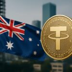 オーストラリア国旗とデジタル通貨シンボルを組み合わせたイメージ