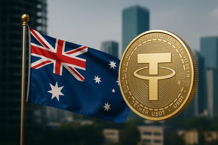 オーストラリア国旗とデジタル通貨シンボルを組み合わせたイメージ