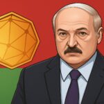 ベラルーシのルカシェンコ大統領と国旗、仮想通貨を象徴するイラスト