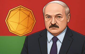 ベラルーシのルカシェンコ大統領と国旗、仮想通貨を象徴するイラスト