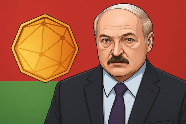 ベラルーシのルカシェンコ大統領と国旗、仮想通貨を象徴するイラスト