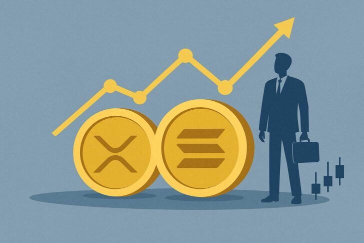 CMEグループがXRPとSolana先物オプションを開始する様子を表現した抽象的なイラスト