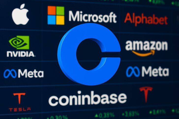 コインベースのロゴとニューヨーク証券取引所を象徴する建物、Mag7と仮想通貨ETFを組み合わせた先物商品の開始を表現