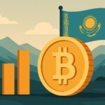 カザフスタンが推進する国家仮想通貨準備金を象徴する黄金のコインと近代的な建物を描いたイラスト