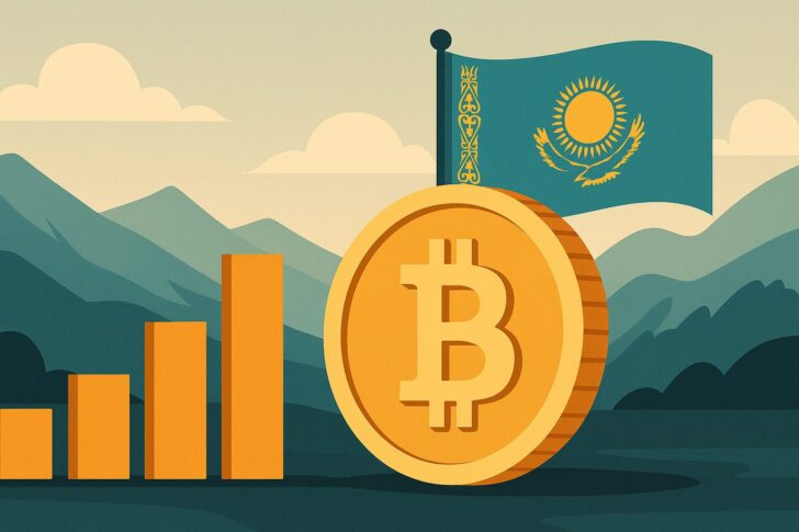 カザフスタンが推進する国家仮想通貨準備金を象徴する黄金のコインと近代的な建物を描いたイラスト