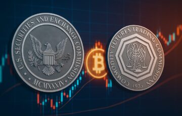 SECとCFTCのロゴとビットコインを背景にした、米国規制当局によるスポット仮想通貨取引解禁を象徴するイメージ