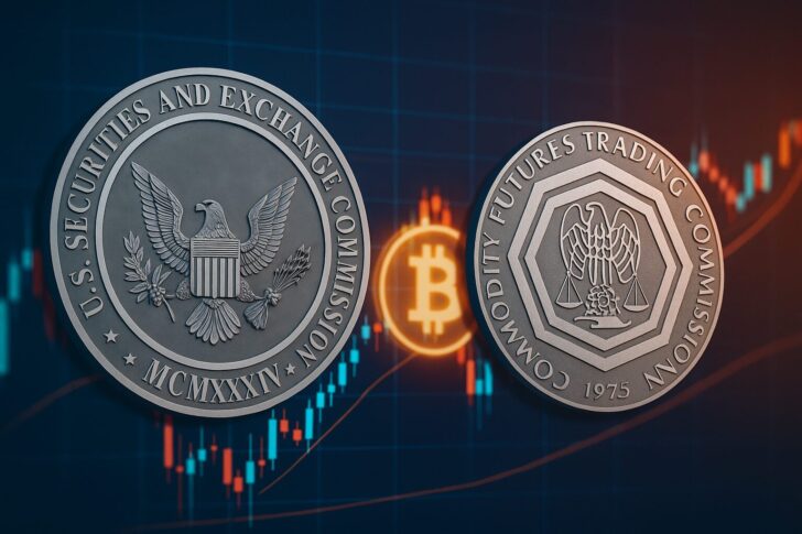 SECとCFTCのロゴとビットコインを背景にした、米国規制当局によるスポット仮想通貨取引解禁を象徴するイメージ