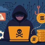 スイスボーグのハッキング事件を象徴するスタイリッシュなイラスト。ソラナを表すコインとサイバー攻撃のイメージ