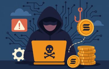 スイスボーグのハッキング事件を象徴するスタイリッシュなイラスト。ソラナを表すコインとサイバー攻撃のイメージ