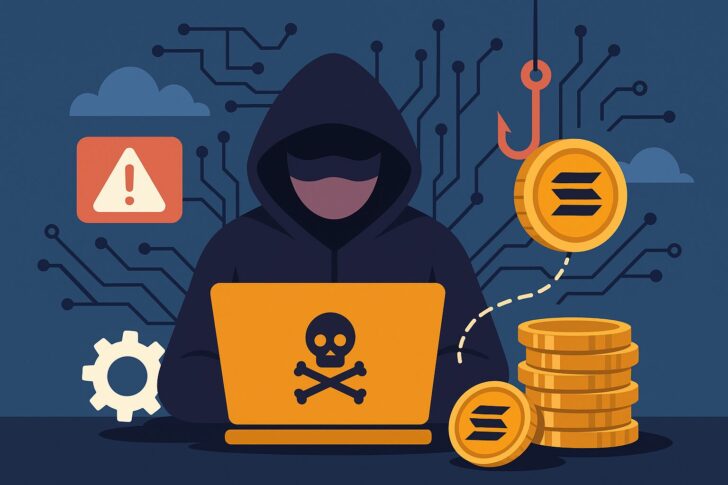 スイスボーグのハッキング事件を象徴するスタイリッシュなイラスト。ソラナを表すコインとサイバー攻撃のイメージ