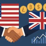 米国と英国の国旗と握手、仮想通貨シンボルが描かれたイラスト