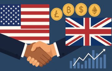 米国と英国の国旗と握手、仮想通貨シンボルが描かれたイラスト