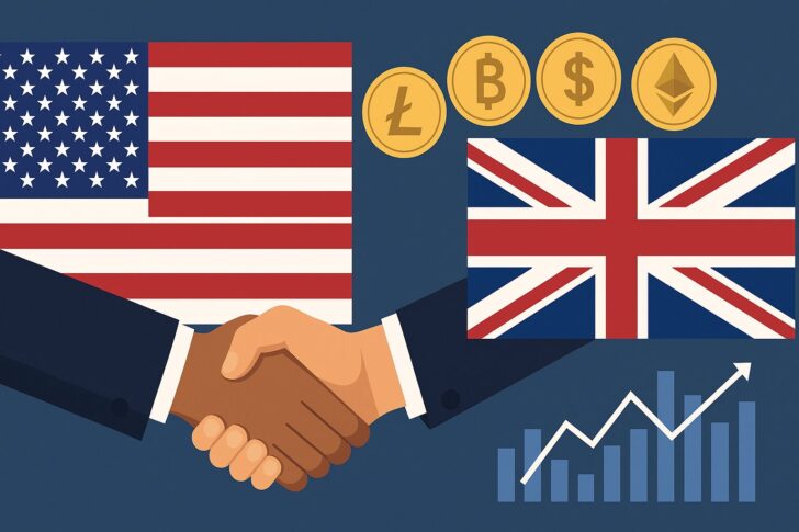 米国と英国の国旗と握手、仮想通貨シンボルが描かれたイラスト