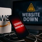データセンターの停電と赤い警告灯が光る様子を描いたデジタルイラスト。AWS障害による世界的なサービス停止を象徴している。