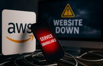 データセンターの停電と赤い警告灯が光る様子を描いたデジタルイラスト。AWS障害による世界的なサービス停止を象徴している。