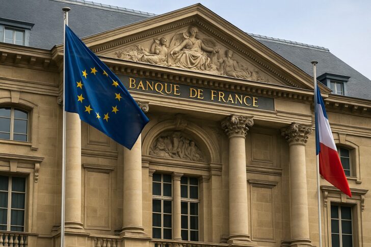 フランス銀行本部と欧州連合の旗。EUの暗号資産規制監督をESMAに委ねる提案を象徴する構図。