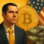 ビットコインの初期投資家ロジャー・バー氏が米司法省と脱税問題で和解したことを象徴的に描いたイラスト。ビットコインの象徴と天秤がバランスを取る構図。