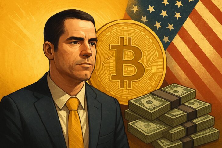 ビットコインの初期投資家ロジャー・バー氏が米司法省と脱税問題で和解したことを象徴的に描いたイラスト。ビットコインの象徴と天秤がバランスを取る構図。