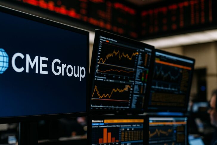 CMEグループが仮想通貨先物とオプションの24時間365日取引を開始することを象徴するトレーディングイメージ