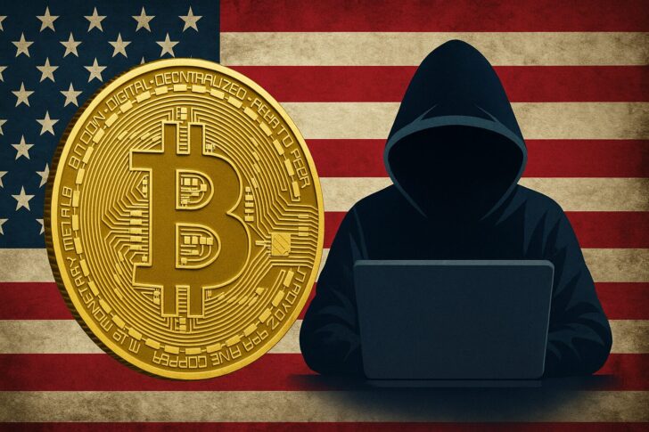 米国政府によるビットコインウォレット押収を象徴するサイバーセキュリティイメージ。金色のビットコインと米国旗が重なり、ハッキング疑惑を示唆する。