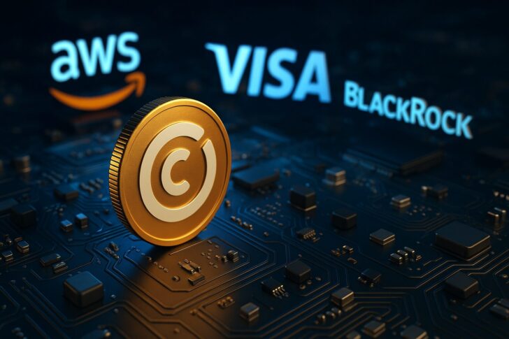 CircleがArcブロックチェーンのテストネットを立ち上げ、VisaやBlackRockなど世界大手企業が参加する様子を象徴する近未来的なネットワークイメージ