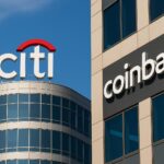 シティグループとコインベースの提携を象徴するビジュアル。デジタル決済ネットワークと金融インフラの融合を表現した画像。